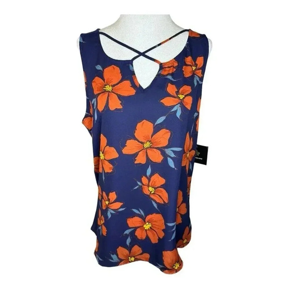 NEW Fortune + Ivy Women's Large Blue Floral Sleeveless Blouse Split Neck‎ NWT - Picture 1 of 9